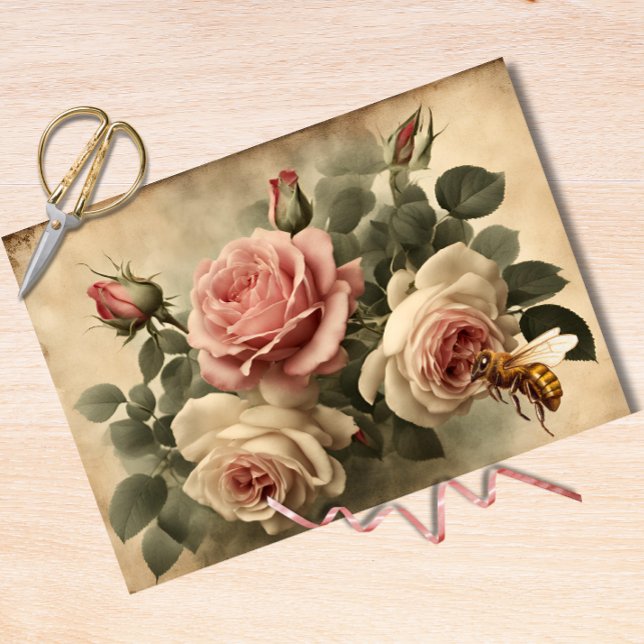 Vintage Bee and Pink Roses Decoupage Tissue Paper (Creator Uploaded)