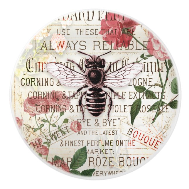 Vintage Bee and Roses Collage Ceramic Knob (Front)