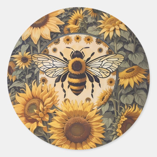 Vintage Bee and Sunflowers  Classic Round Sticker (Front)