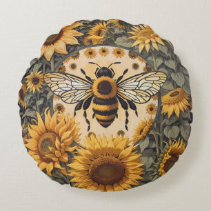 Vintage Bee and Sunflowers Round Cushion