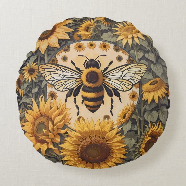 Vintage Bee and Sunflowers  Round Cushion (Front)