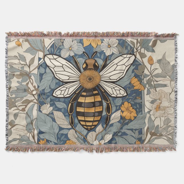 Vintage Bee and Wild Flowers Throw Blanket (Front)