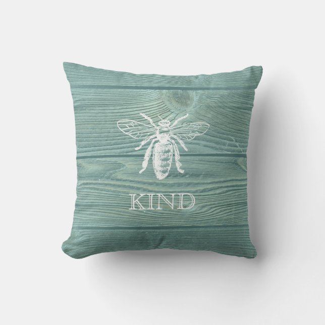 Vintage Bee Be Kind Aqua Wood Throw Pillow (Front)