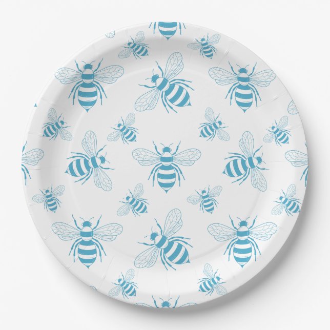 Vintage Bee Botanical Blue (1) Paper Plate (Front)