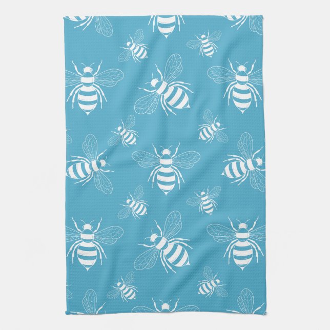 Vintage Bee Botanical Blue (2) Tea Towel (Vertical)