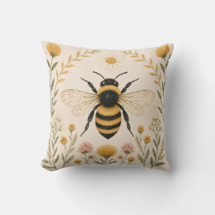 Vintage Bee Botanical Throw Pillow