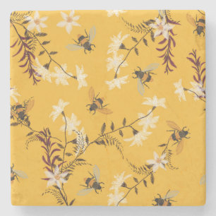 Vintage Bee & Butterfly: Embroidered Floral Art Stone Coaster