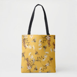 Vintage Bee & Butterfly: Embroidered Floral Art Tote Bag