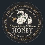 Vintage Bee Honey Label Hand Bottled Raw Black<br><div class="desc">Central design features a branch of fruit blossoms (cherry) and a realistic honeybee in flight. Personalise with your apiary name, address and honey description (raw, hand bottled, single source etc.). Also include your honey net weight. Common honey net weight conversions: 8oz (227g), 12oz (340g), 16oz (454g), 32oz (907g), 5lb (2.27kg)....</div>