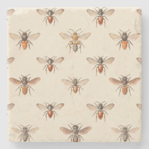 Vintage Bee Illustration Pattern Stone Coaster