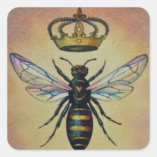 Vintage Bee No. 3 Queen Crown Watercolor Art Square Sticker