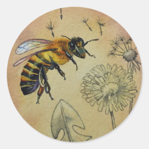Vintage Bee No. 4 Dandelion Watercolor Art Classic Round Sticker