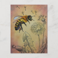 Vintage Bee No. 4 Dandelion Watercolor Art