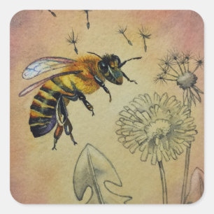 Vintage Bee No. 4 Dandelion Watercolor Art Square Sticker