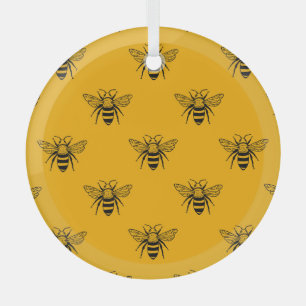 Vintage Bee Pattern, Black Yellow. Glass Tree Decoration