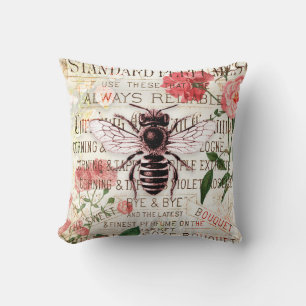 Vintage Bee Rose Bouquet Ephemera Decoupage Cushion