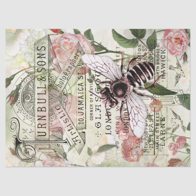 Vintage Bee Rose Bouquet Ephemera Decoupage Tissue Paper (Front)