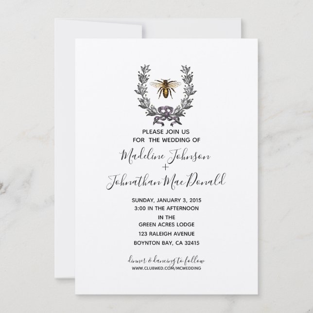 vintage bee SPRING GARDEN WEDDING plum yellow Invitation (Front)