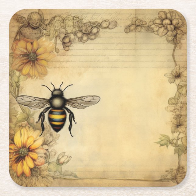 Vintage Bee & Wildflower Ephemera  Square Paper Coaster (Front)