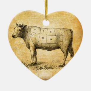 vintage beef chart with numbered cuts ceramic tree decoration