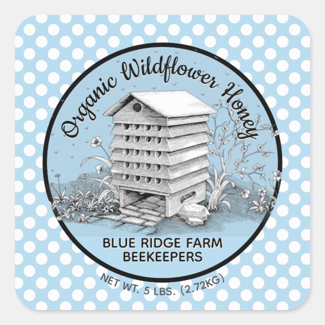 Vintage Beehive Blue Polka Dot Honey Stickers (Front)