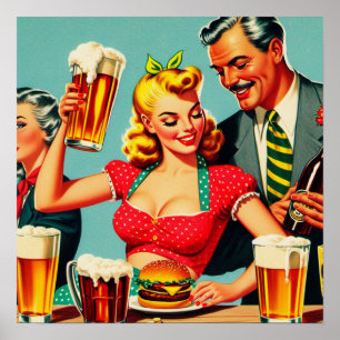 Vintage Beer and Burger Illustration Poster