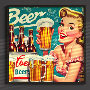 Vintage Beer Girl Illustration Poster