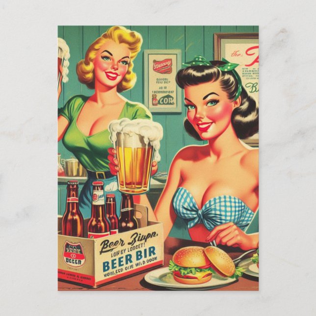 Vintage Beer Girls Illustration Postcard (Front)