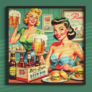 Vintage Beer Girls Illustration Poster