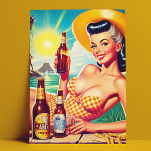 Vintage Beer Summer Girl Postcard