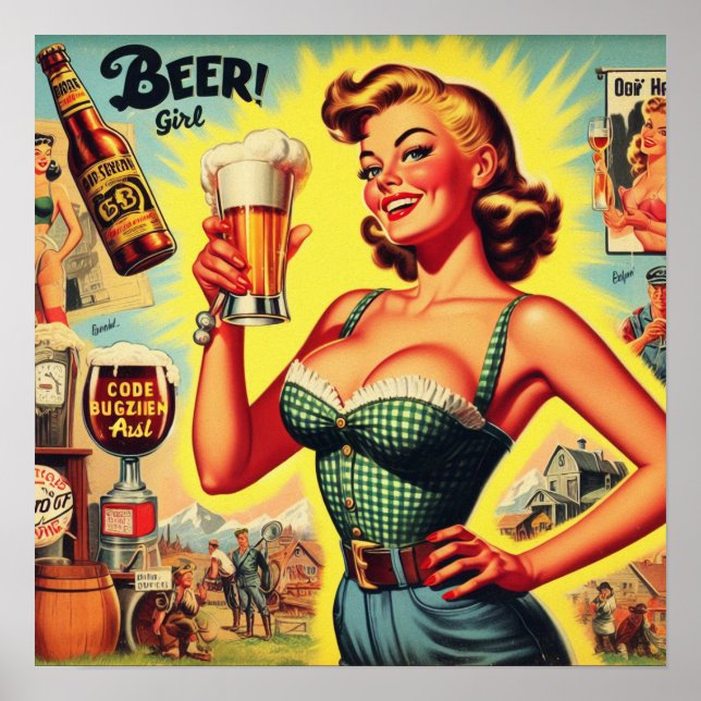 Vintage Beer Woman Illustration Poster (Front)