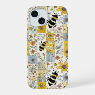 Vintage Bees Floral Patchwork in Blues and Yellows iPhone 15 Case