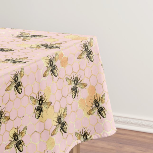 Vintage Bees Honeycomb Pattern Pink Gold Tablecloth (In Situ)