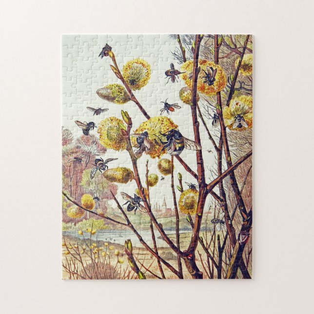 Vintage Bees Insects Spring Willow Blossom Jigsaw Puzzle (Vertical)