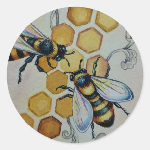 Vintage Bees No. 5 Honeycomb Watercolor Art Classic Round Sticker