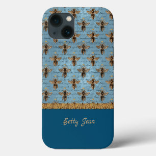 Vintage Bees on Blue Damask with Handwriting iPhone 13 Case