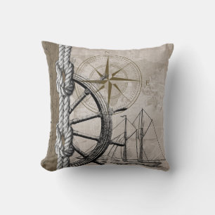 Vintage Beige and Brown Nautical Graphic Cushion