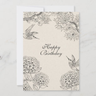 Vintage beige Bird Hydrangea Flowers custom text Holiday Card