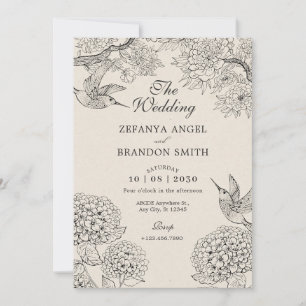 Vintage beige Bird Hydrangea Flowers wedding  Invitation