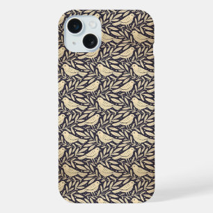 Vintage Beige Bird Pattern on Dark Background iPhone 15 Plus Case