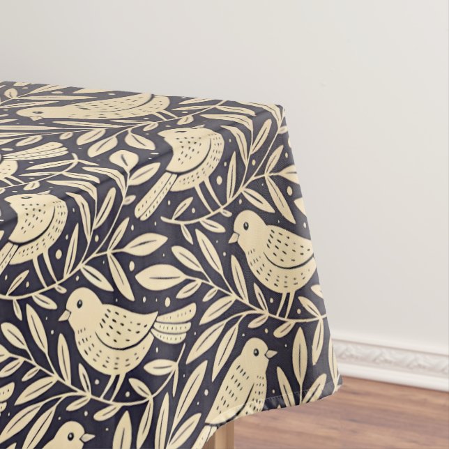 Vintage Beige Bird Pattern on Dark Background Tablecloth (In Situ)