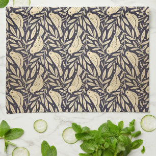 Vintage Beige Bird Pattern on Dark Background Tea Towel