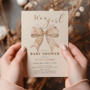Vintage Beige Bow Boho Watercolor Baby Shower  Invitation