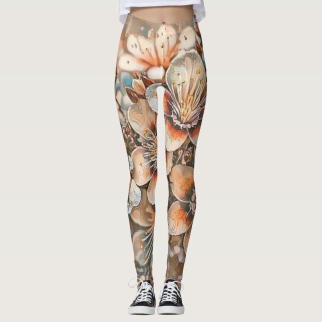 Vintage beige brown cherry blossoms drawing    leggings (Front)