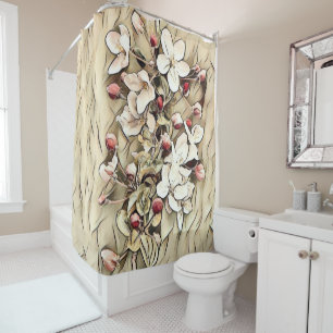 Vintage beige brown cherry blossoms drawing shower curtain