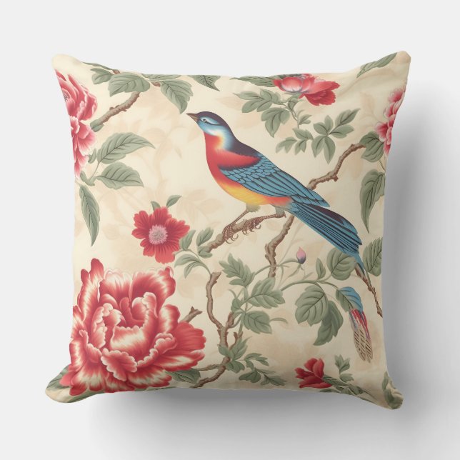 Vintage beige chinoiserie cushion (Front)