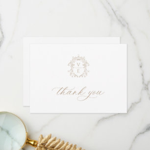 Vintage Beige Crest Monogram Wedding Thank You Card