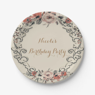 Vintage Beige Elegant Botanical Floral Wedding Paper Plate