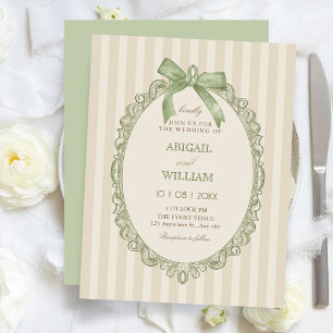 Vintage beige green elegant sweet bow wedding invitation