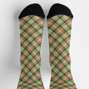 Vintage beige green red plaid diagonal pattern socks